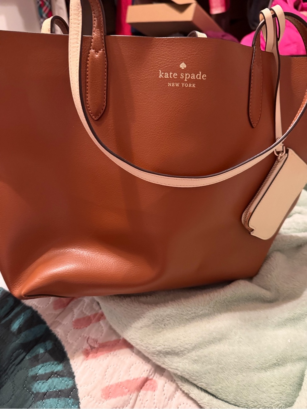 kate spade Brown Leather Tote with Cream Handles